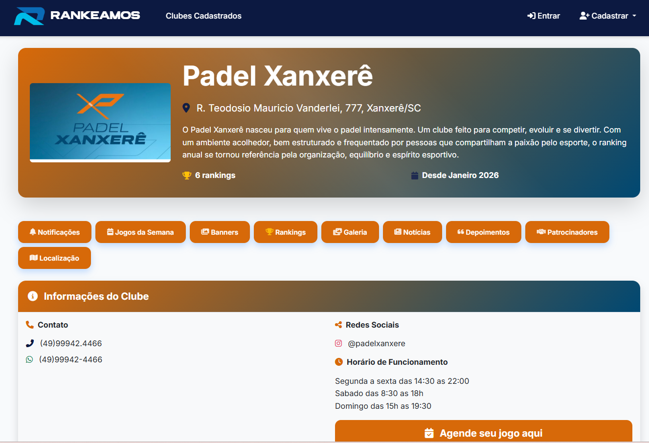 Página pública do clube Padel Xanxerê